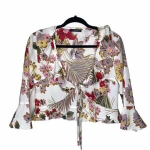 Jeuvre Womens Top Size M White Floral Semi Cropped Tie Front V-Neck Casual